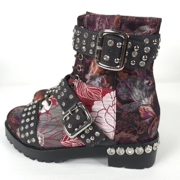 NWB JEFFREY CAMPBELL SLAM-2ST Red Grey Floral Silver Studded Buckle Boots Sz 6M - Picture 10 of 16